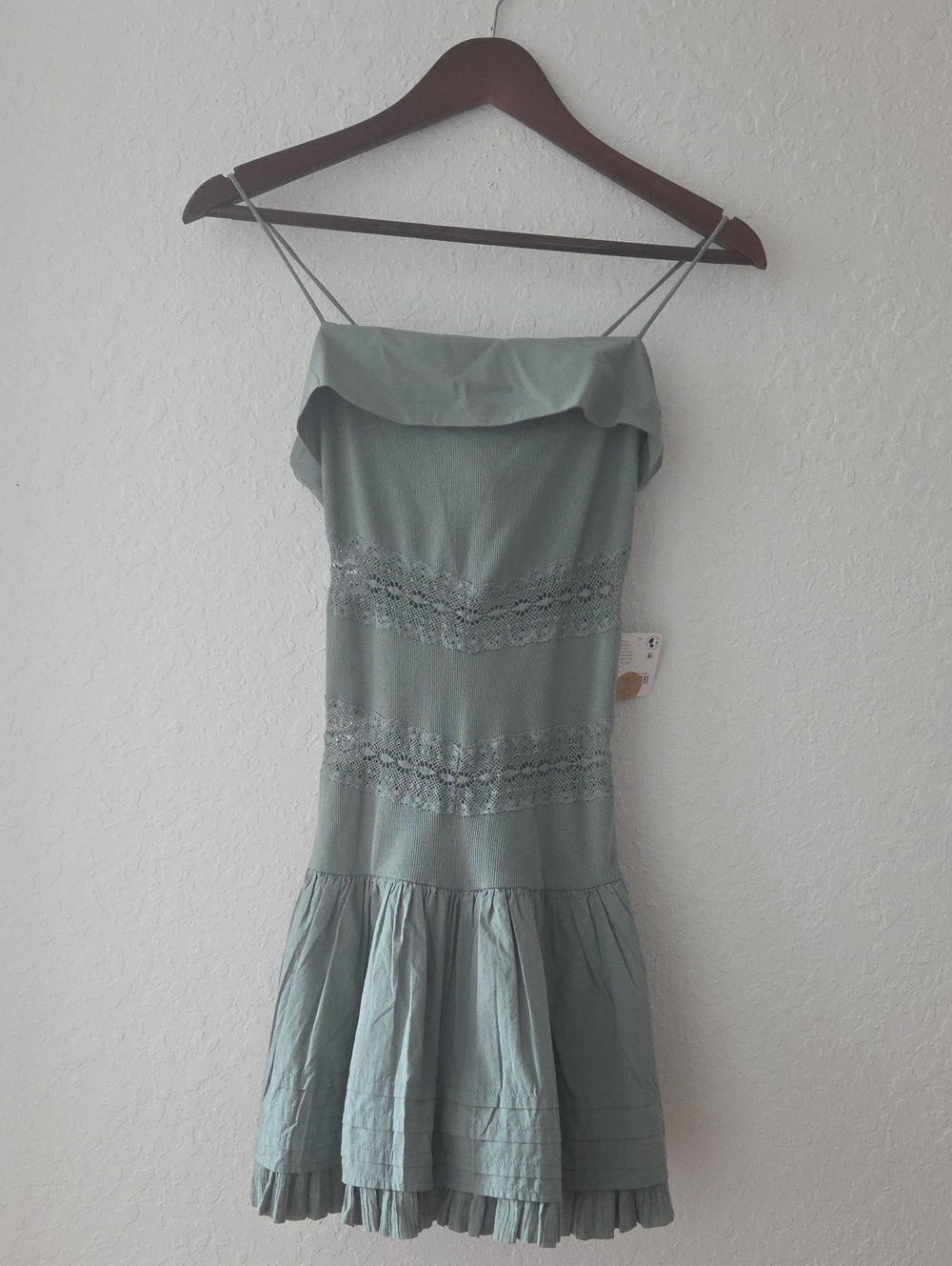 Free People Olive Green Spaghetti Strap Ruffle Hem Mini Dress NWT